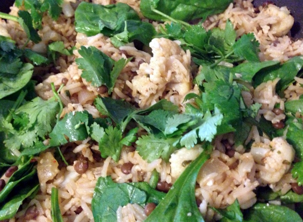 Cauliflower and lentil korma pilaf with spinach